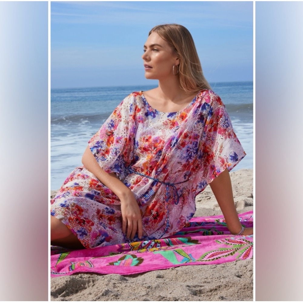 Johnny Was Summer Days Eyelet Floral Dress Braided Belt Silk Oversized XS Dress